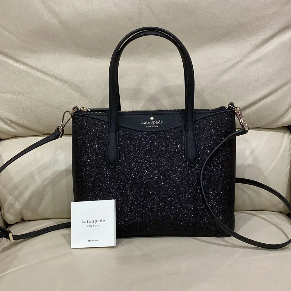 Kate Spade Black Glitter Sparkle Shimmy Fabric Satchel Purse Bag - Picture 3 of 13